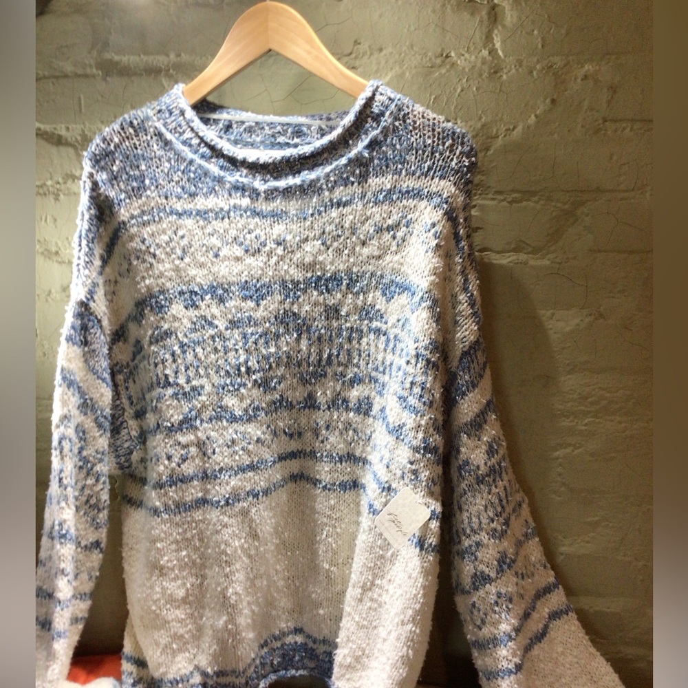 NEW! Free People Cozy Blue & Cream Patterned Women's Sweater